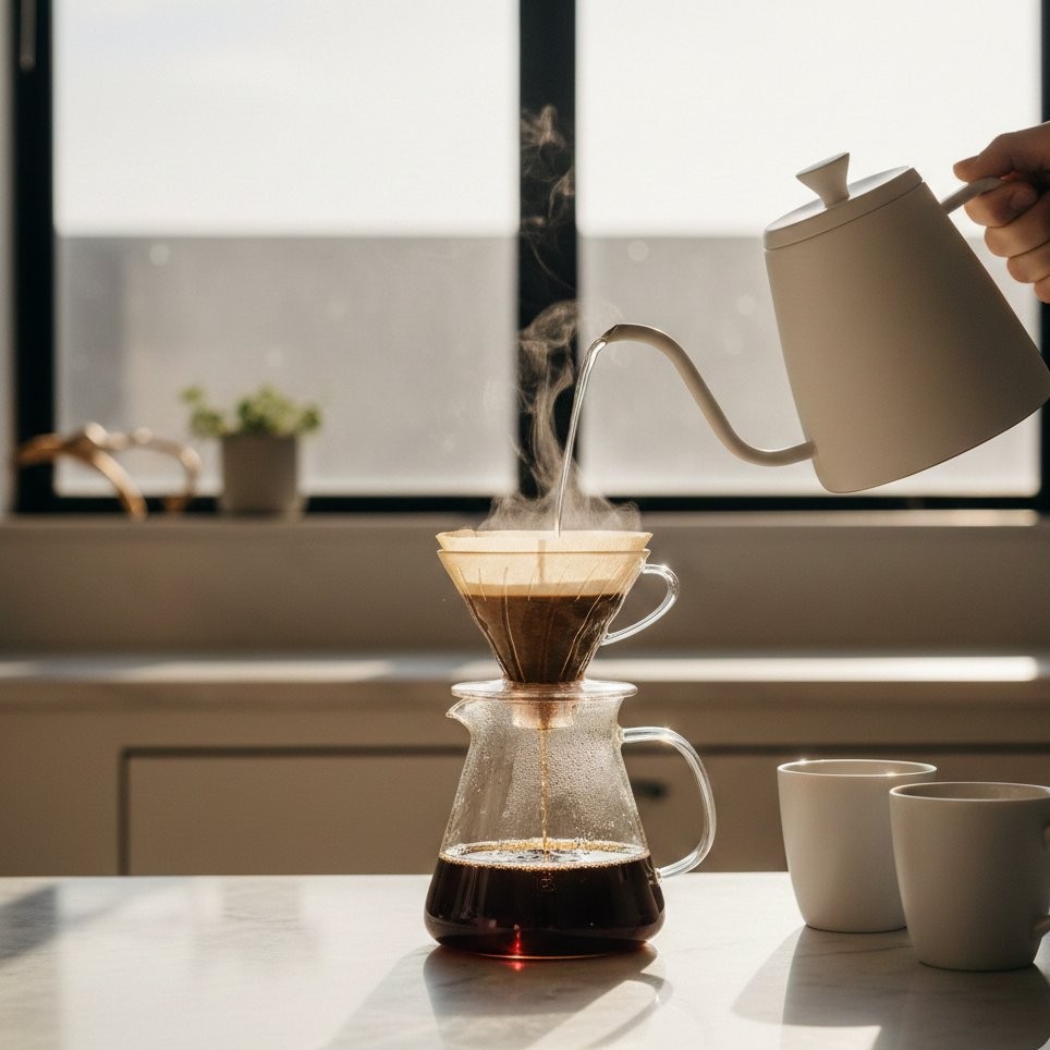 Precision pour-over coffee brewing with steam rising